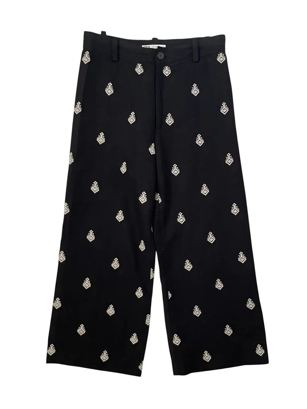 Zara Linen Blend Cropped Pants - Black with White Contrast Embroidery - Size L